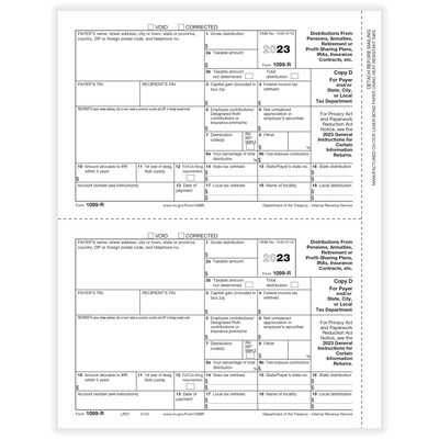 ComplyRight® 2023 1099-R Tax Form, Payer Copy D and/or State, City or Local, 2-Up, 50/Pack (514350)