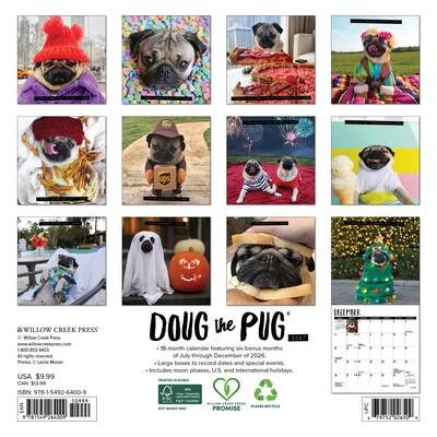 2027 Willow Creek Doug the Pug 7 x 7 Monthly Wall Calendar (64009)