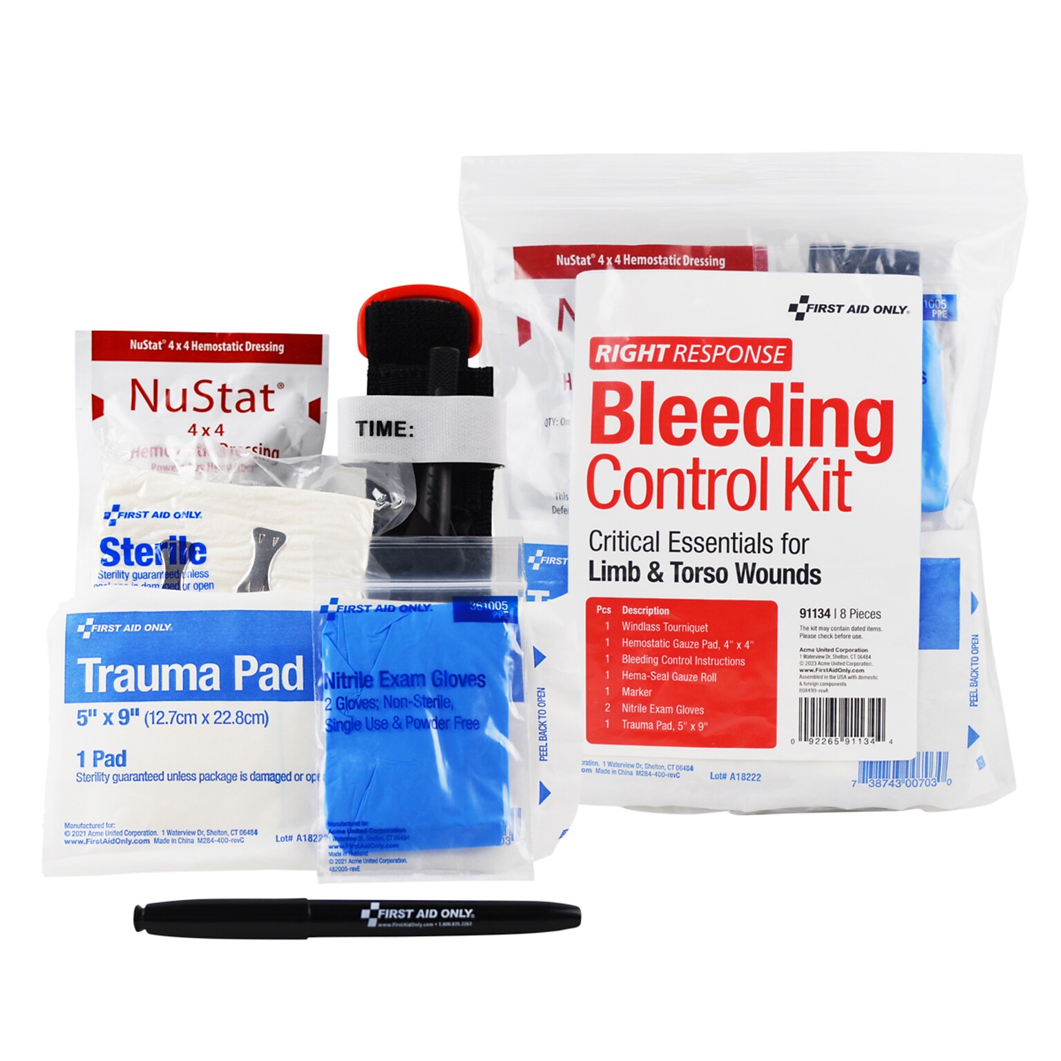 First Aid Only Right Response Bleeding Control Kit Critical Essentials Plastic Bag, Limb & Torso Wounds, 8 Pieces (91134)