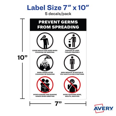 Avery Surface Safe "Prevent Germs from Spreading" Preprinted Wall Decals, 7" x 10", White/Black, 5/Pack (83174)