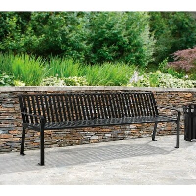 Global Industrial 8' Outdoor Bench w/ Back, Vertical Steel Slat, Black (694855BKKD)