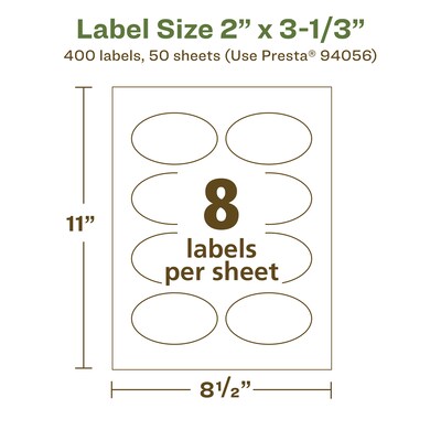 Avery EcoFriendly Laser/Inkjet Oval Multipurpose Labels, 2" x 3-1/3", White, 400/Box (94056)