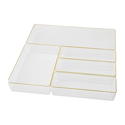 Martha Stewart Kerry Plastic Stackable Office Desk Drawer Organizer, Various Sizes, Clear/Gold, 5/Se