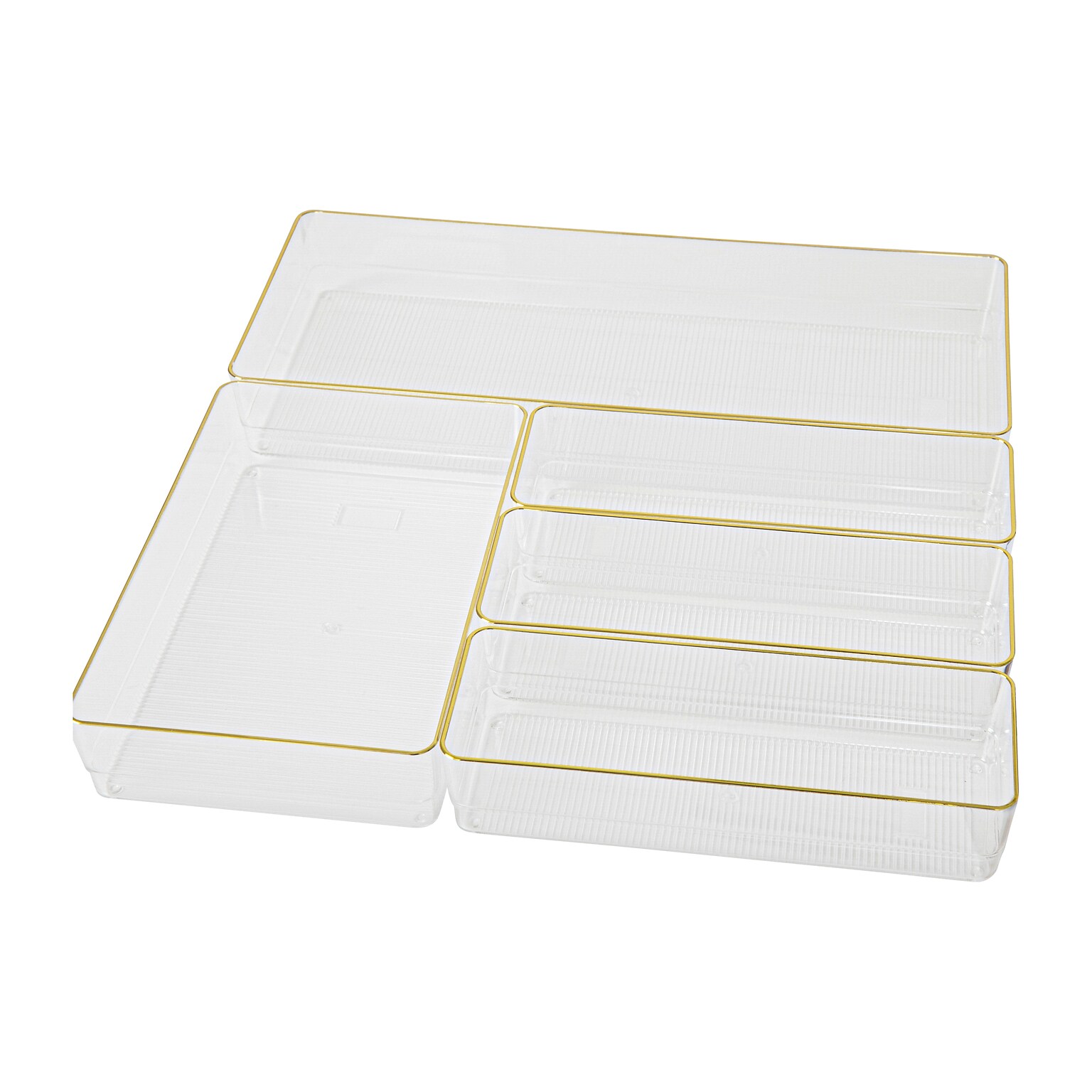 Martha Stewart Kerry Plastic Stackable Office Desk Drawer Organizer, Various Sizes, Clear/Gold, 5/Set (BEPB9085G5CGD)