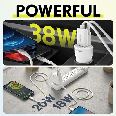 Overtime 38W Wall Charger and Car Charger with Two 6-Foot USB-C to USB-C Cables Bundle, White (OHC6TCX2)