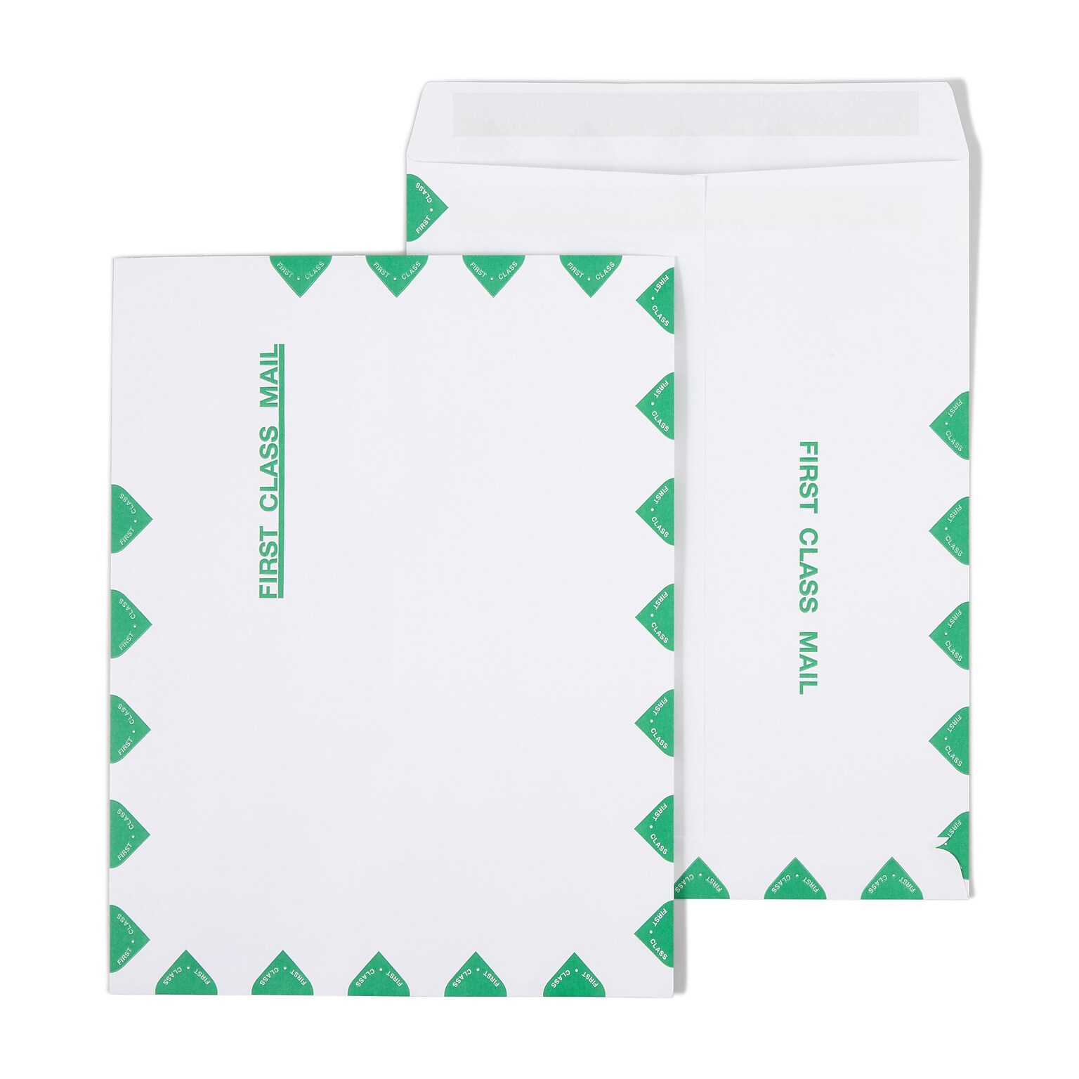 Staples First Class Self Seal #13 Envelope, 10 x 13, White with green diamond border, 100/Box (ST195032-CC)
