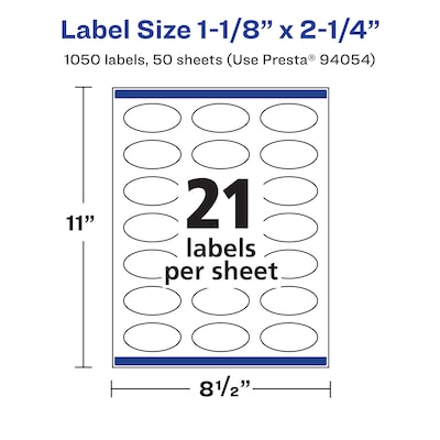 Avery Laser/Inkjet Oval Waterproof Multipurpose Labels, 1-1/8" x 2-1/4", White, 1050/Box (94054)