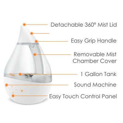 Crane Drop 2.0 Ultrasonic Cool Mist Tabletop Humidifier, 1-Gallon, Clear & White (EE-5306CW)