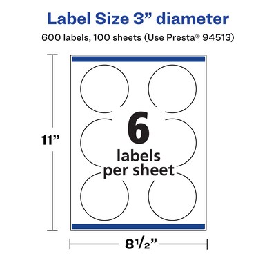 Avery Laser/Inkjet Round Multipurpose Labels, 3" Dia., White, 600 Labels/Box (94513)