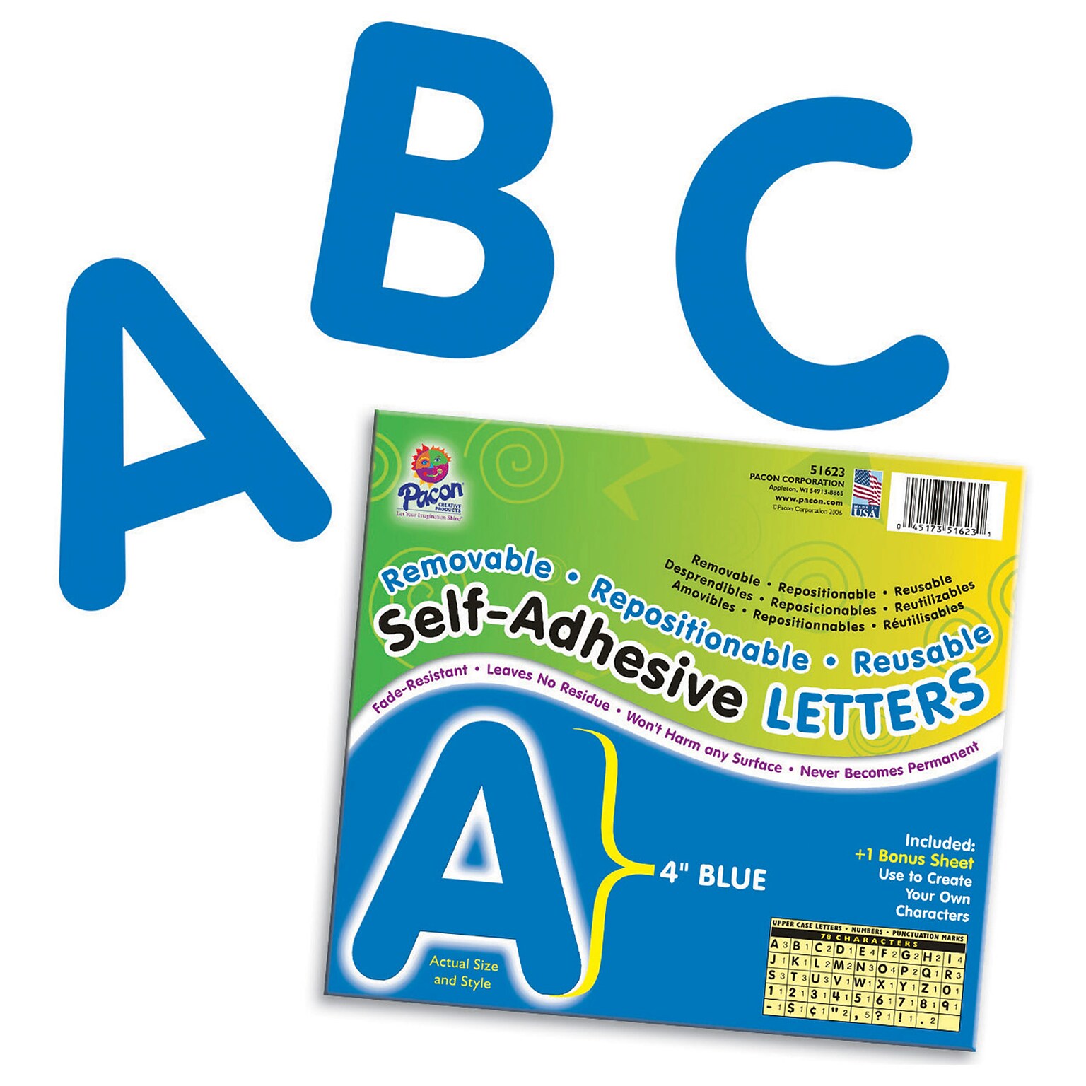 Pacon Self-Adhesive Letters, 4, Blue, 78/Pack (PAC51623)