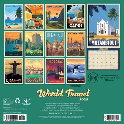 2025 Willow Creek World Travel Art Posters 12 x 12 Monthly Wall Calendar (45510)