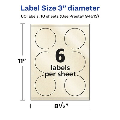 Avery Laser/Inkjet Round Multipurpose Labels, 3" Dia., 60 Labels/Pack (94513)