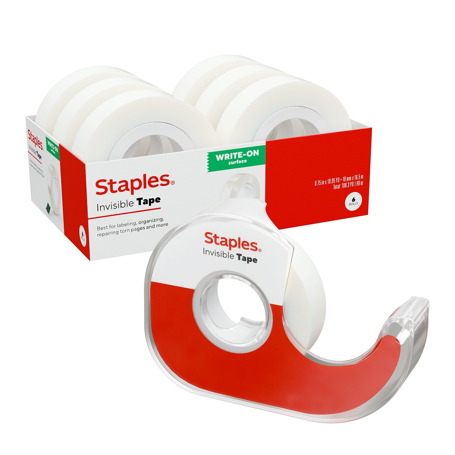 Staples Invisible Tape with Dispenser, 3/4 x 18.05 yds., 6 Rolls/Pack (ST62851)