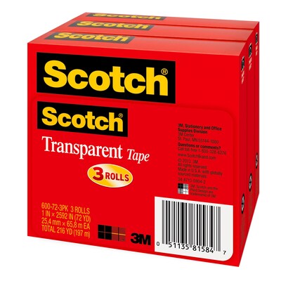 Scotch Transparent Tape, 1 in x 2592 in, 3 Tape Rolls, Clear, Refill, Home Office and Back to School Supplies for Classroom