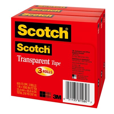 Scotch Transparent Tape, 1 in x 2592 in, 3 Tape Rolls, Clear, Refill, Home Office and Back to School Supplies for Classroom