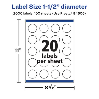 Avery Laser/Inkjet Round Waterproof Multipurpose Labels, 1.5" Dia., White, 2000 Labels/Box (94506)