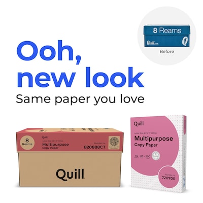 Quill Brand® 8.5" x 11" Multipurpose Copy Paper, 20 lbs., 94 Brightness, 500 Sheets/Ream, 8 Reams/Carton (820888CT)