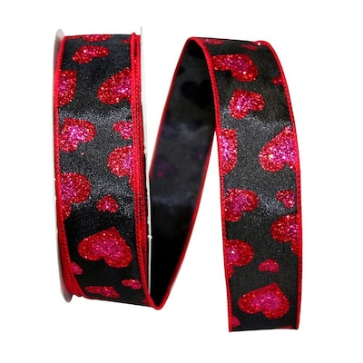 JAM Paper Glitter Hearts Ribbon, Black/Red (52640340719)