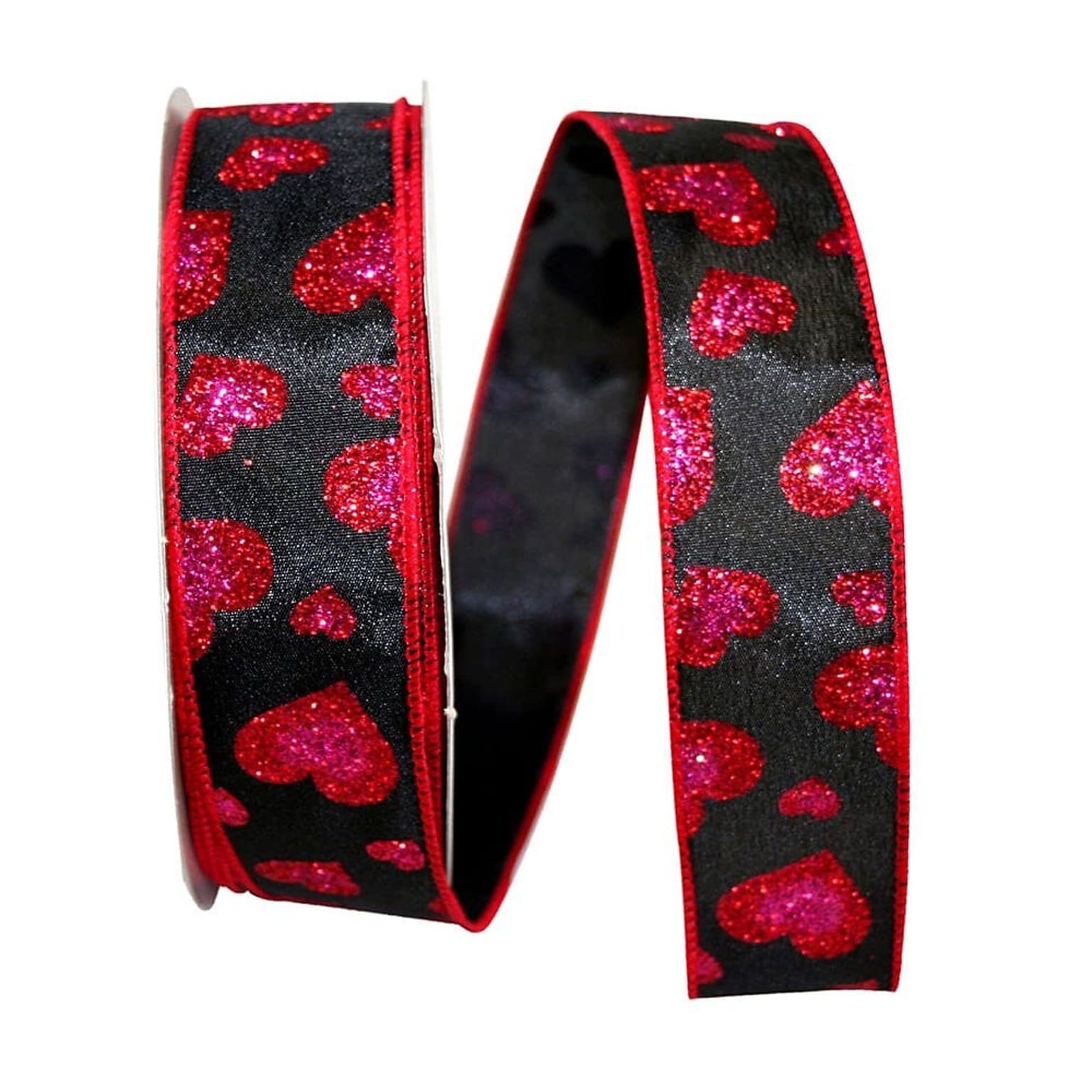 JAM Paper Glitter Hearts Ribbon, Black/Red (52640340719)