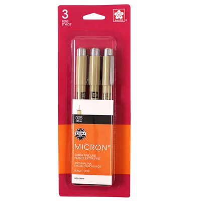 Sakura Pigma Micron Pen, Fineliner, Black Ink, 3/Bundle (SAK50019-3)
