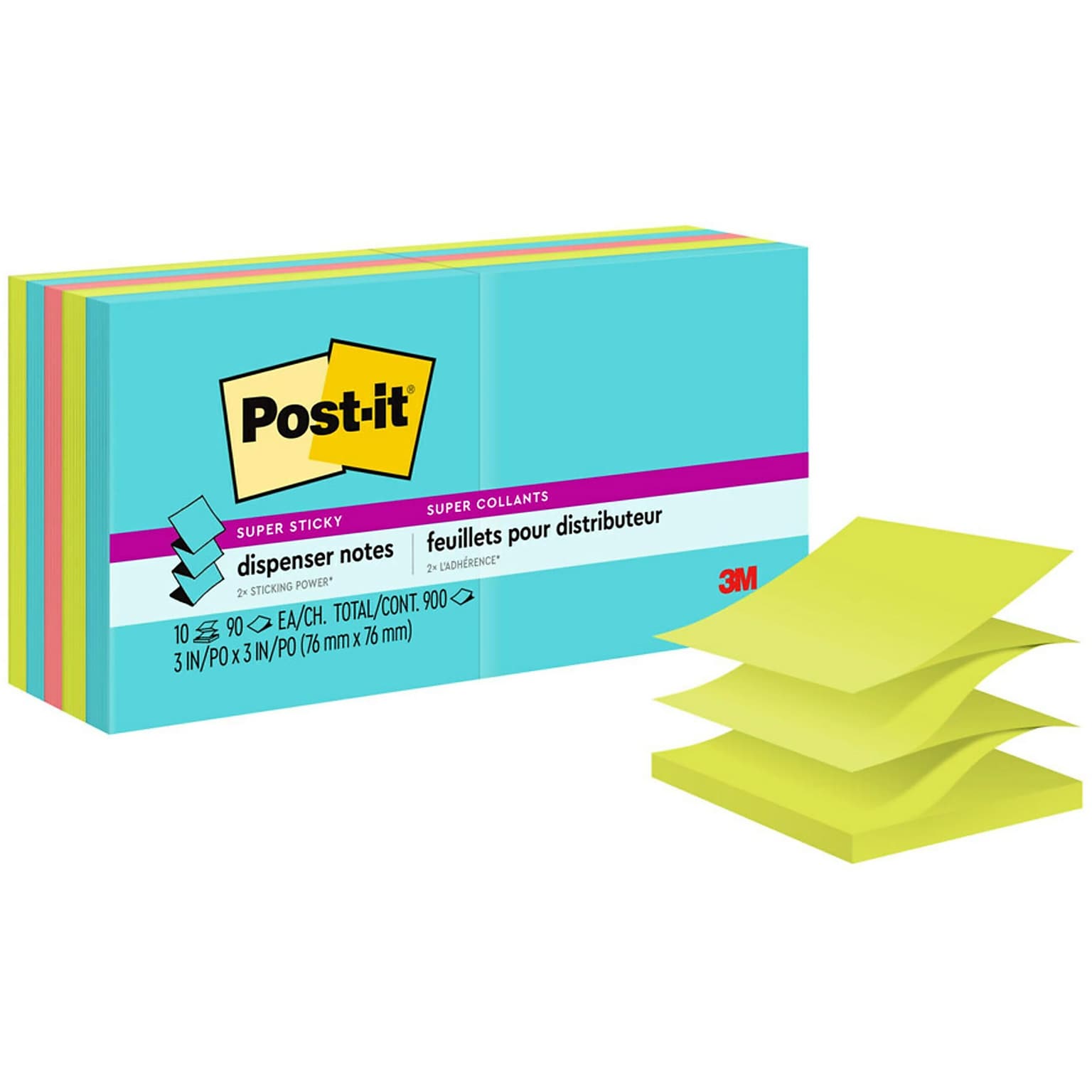 Post-it Super Sticky Pop-up Notes, 3 x 3, Supernova Neons Collection, 90 Sheet/Pad, 10 Pads/Pack (R330-10SSMIA)