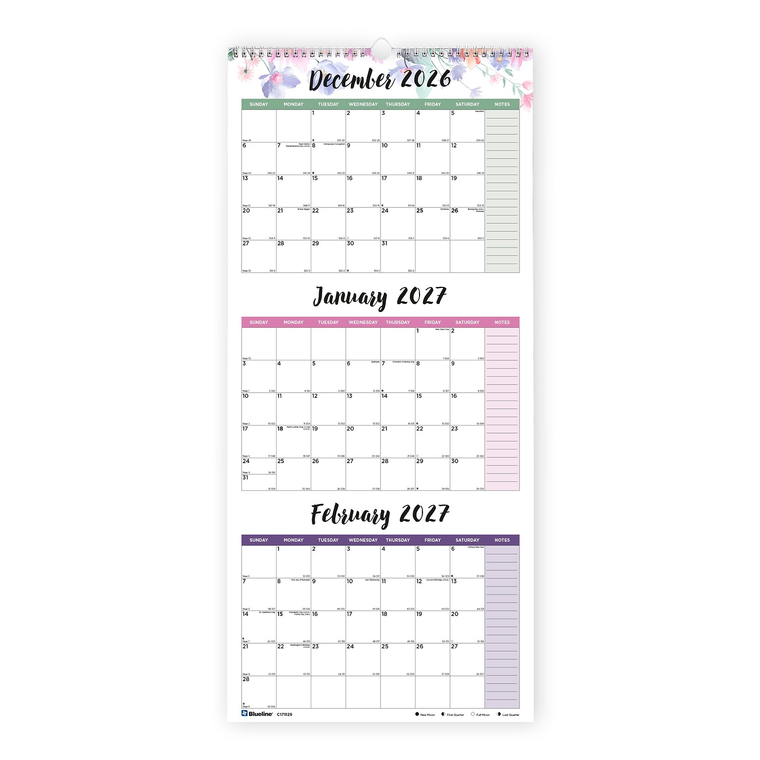 2026-2027 Blueline Colorful Passion Floral 12.25 x 27 Three-Month Wall Calendar (C171129-27)