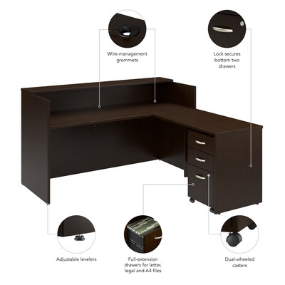 Bush Business Furniture Arrive 72"W L Shaped Reception Desk with Shelf and Mobile File Cabinet, Mocha Cherry (ARV007MR)