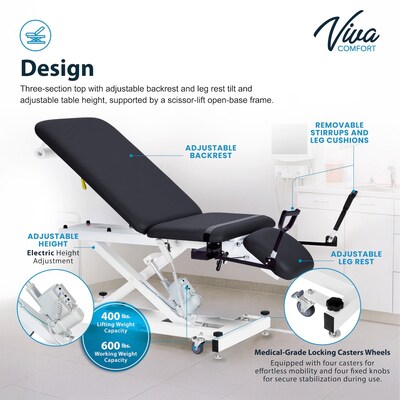 Viva Comfort XRO Electric Height and Back Adjustable Exam Table with Stirrups, 600 lbs Capacity, Black,(ADI903-22-BLK-MK)