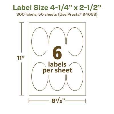 Avery EcoFriendly Laser/Inkjet Oval Multipurpose Labels, 4-1/4" x 2-1/2", White, 300/Box (94058)