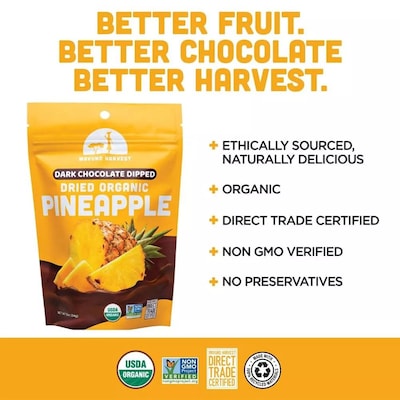 Mavuno Harvest Organic Dried Pineapple Dipped in Dark Chocolate Fruit Snacks, 3 oz., 6 Bags/Pack (MAHW-CPA26PK)