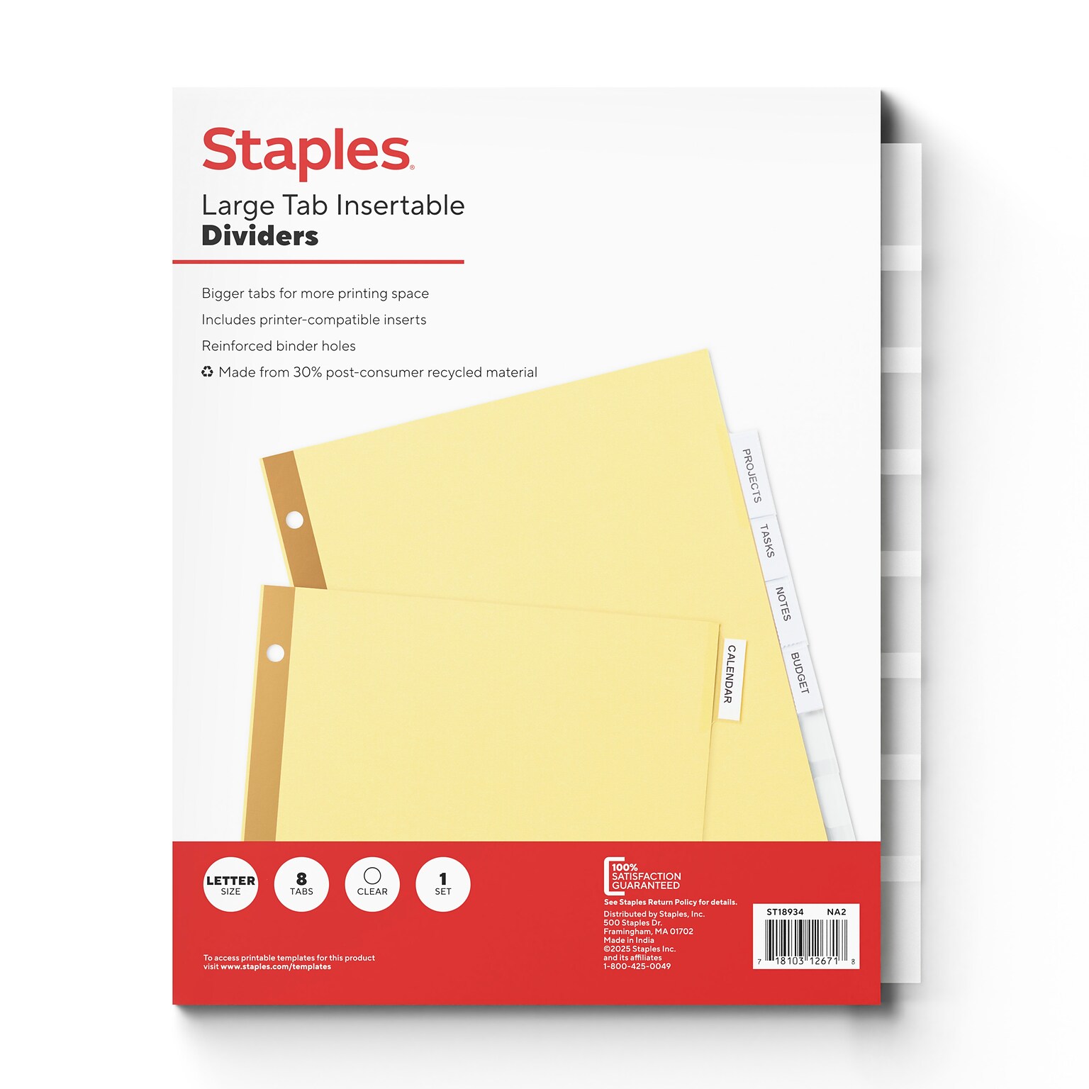 Staples Large Tab Insertable Paper Dividers, Assorted Colors, 8-Tabs (18934/11112)