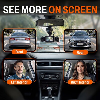 QORVIK K120 4-Channel Dash Cam with Front, Rear, and Dual Adjustable Interior Cameras and WiFi Connectivity, Black (QDCK120)