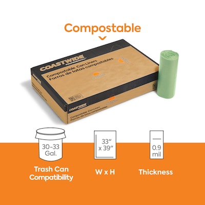 Coastwide Professional™ 30-33 Gallon Compostable Bag, 33 x 39, Low Density, 0.9 Mil, Green, 200 Ba