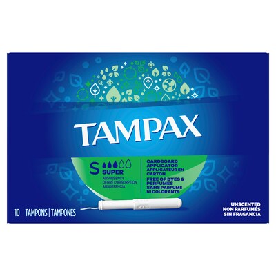 Tampax Cardboard Applicator Tampons, Super, Unscented, 10/Box (31409)