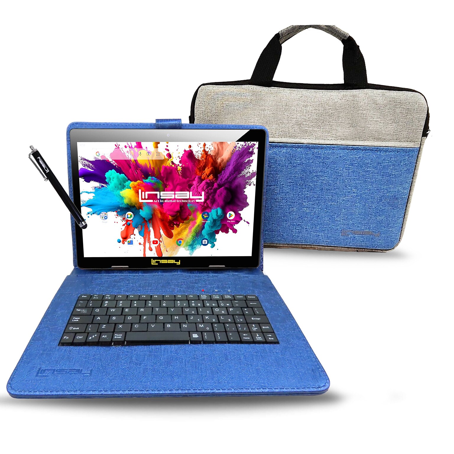 Linsay Octa Core 10.1 Tablet, 4GB RAM, 128GB Storage, Android 13, Bundled with Blue Keyboard Case, Briefcase, and Stylus Pen