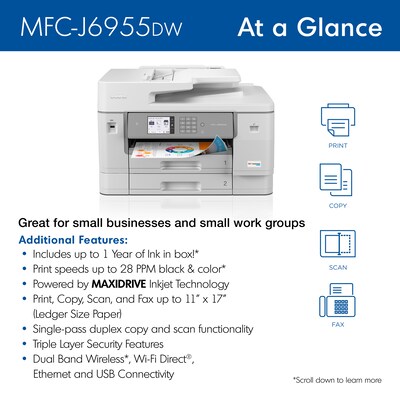 Brother INKvestment Tank MFC-J6955DW Wireless Color Inkjet Printer, All-In-One Supertank, Print, Scan, Copy, Fax