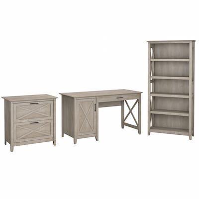 Bush Furniture Key West 54W Single Pedestal Desk with Lateral File and 5 Shelf Bookcase, Washed Gra