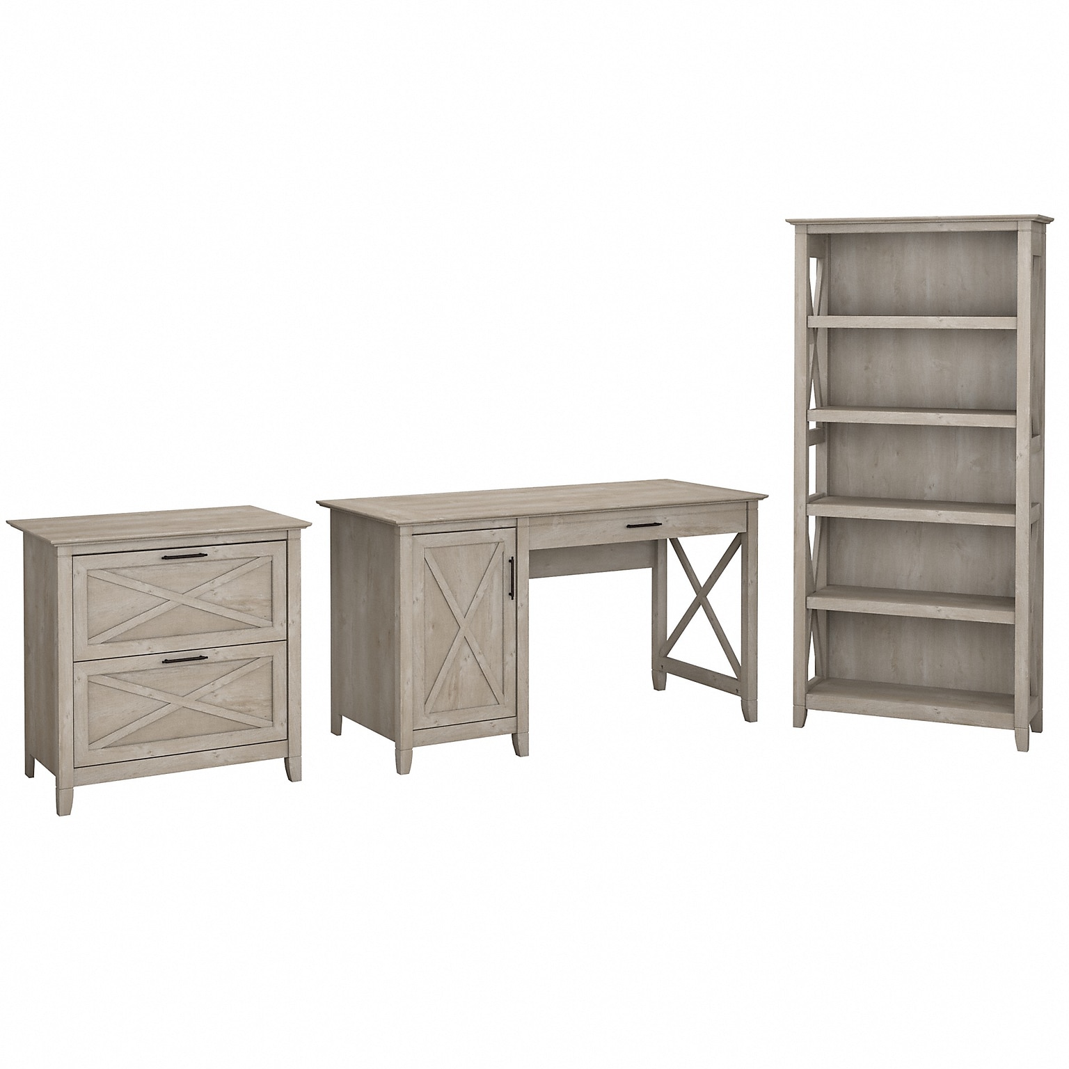 Bush Furniture Key West 54W Single Pedestal Desk with Lateral File and 5 Shelf Bookcase, Washed Gray (KWS009WG)