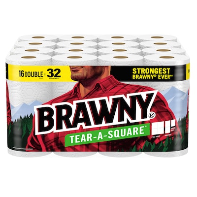 Brawny Tear-A-Square Paper Towels, 2-ply, 120 Sheets/Roll, 16 Rolls/Pack (44372/50)