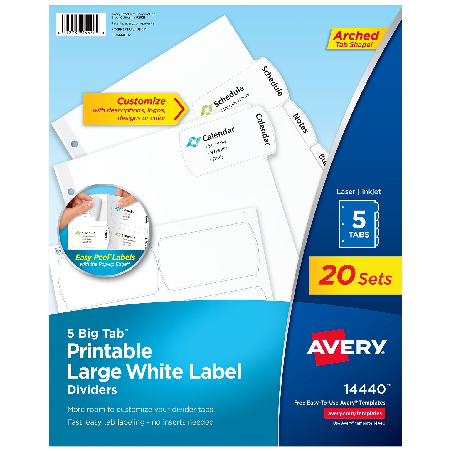 Avery Big Tab Printable Paper Dividers with Large White Labels, 5 Tabs, White, 20 Sets/Pack (14440)