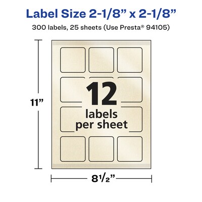 Avery Pearlized Ivory Square Multipurpose Labels, 2-1/8" x 2-1/8", Ivory, 300/Pack (94105)