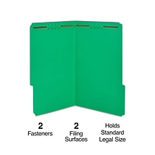 Quill Brand®  1/3-Cut  Fastener Folders, 2-Fasteners, Legal, Assorted Tabs, Green, 50/Box (7358GN)