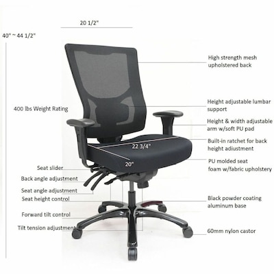 Lorell Big & Tall Mesh High-Back Chair, 400 lb. Capacity, Black (LLR62010)