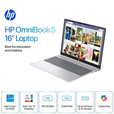 HP Omni Book 5 16 2K Laptop, Intel Core i5-1334U, 8GB RAM, 512GB SSD, Backlit Keyboard, +19.25 hour