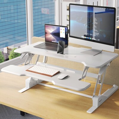 Mount-It! 38"W Manual Rectangular Adjustable Standing Desk Converter, White (MI-15005)