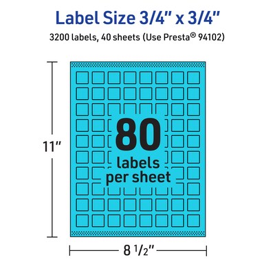 Avery Laser/Inkjet Multipurpose Square Labels, 0.75" x 0.75", Bright Blue, 3200/Pack (94102)