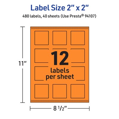 Avery Laser/Inkjet Multipurpose Square Labels, 2" x 2", Bright Orange, 480/Pack (94107)