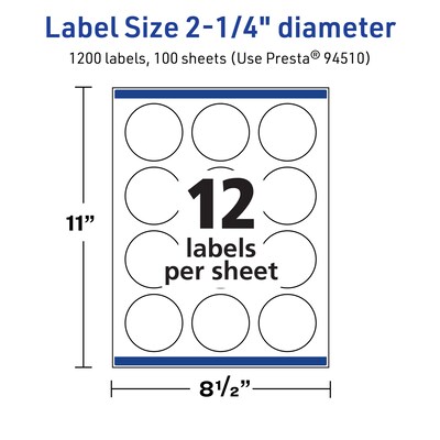 Avery TrueBlock Laser/Inkjet Circle Multipurpose Labels, 2.25" Dia., White, 1200/Box (94510)