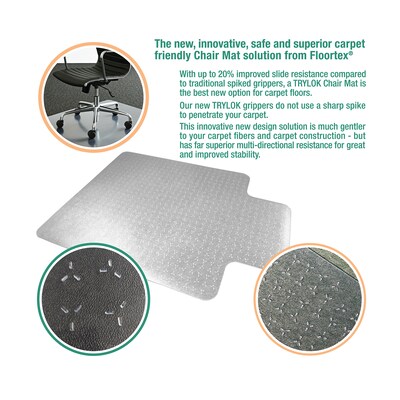 Floortex Cleartex TrYlok Vinyl Lipped Chair Mat for Low Pile Carpets up to 1/4", 45" x 53", Clear (NRCMFLVT0004)