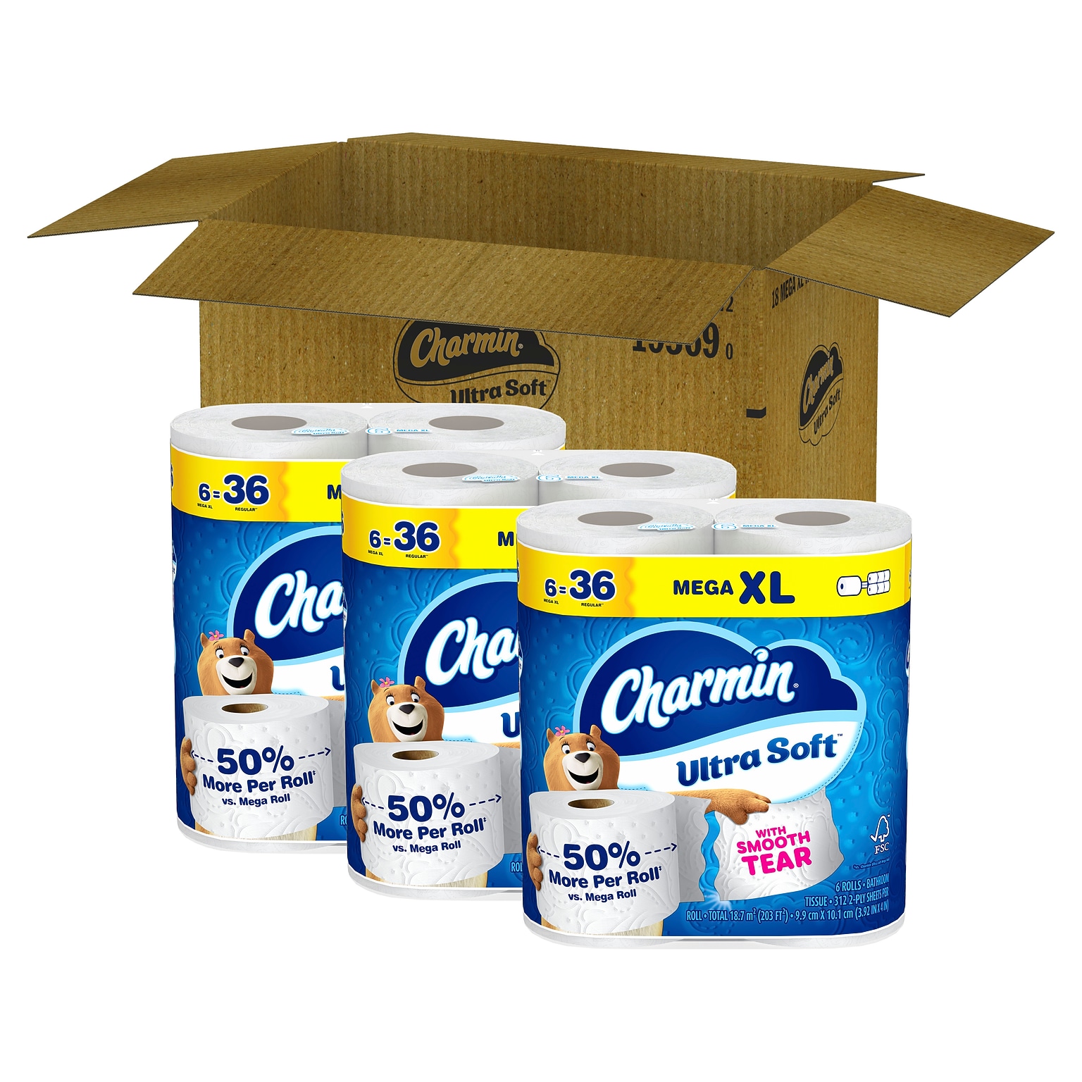 Charmin Ultra Soft Mega XL Toilet Paper, 2-Ply, White, 312 Sheets/Roll, 6 Rolls/Pack, 3 Packs/Carton (01568)
